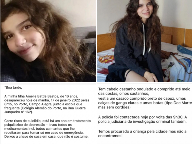 Amélie - Foi encontrado, ao final da tarde desta terça-feira, o corpo de Amélie Bastos, a jovem de 16 anos estava desaparecida no Porto